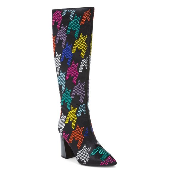 BETSEY JOHNSON Black Multi Naomy Sequin Houndstooth Knee High Boots